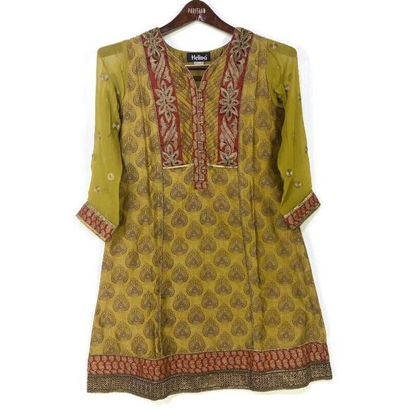 Helina By Vira Indian Gold Tunic Top Women's Size 36 US Size 4 Embroidered - Picture 1 of 8